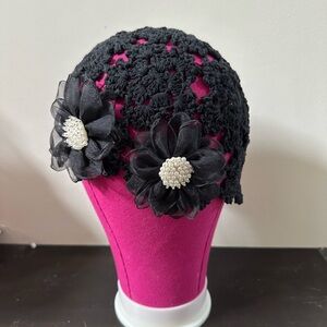 Elegant Black Crochet Hat with Floral Accents